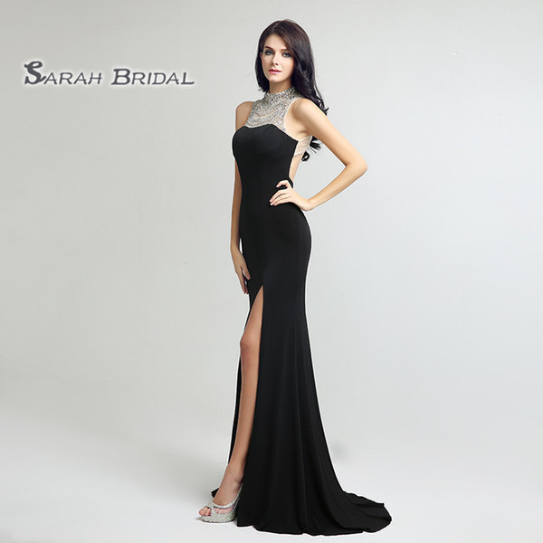 Black Sexy Prom Sleeveless Mermaid Beads Backless High Split Evening Dress Sheath Formal Gowns LX236