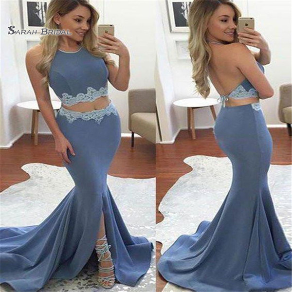 Halter Backless Split Appliques Mermaid Prom Dress Two Pieces Sleeveless Formal Evening Dress Party Wear