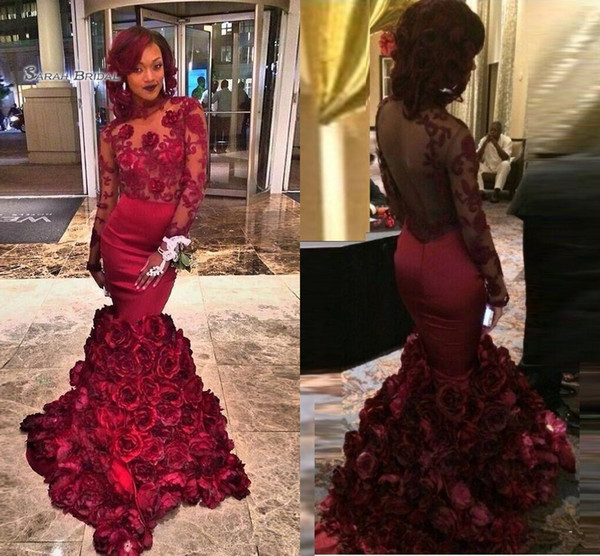 Romantic Red Evening Dress Mermaid With Rose Floral Ruffles Sheer Prom Gown With Applique Long Sleeve Prom Dresses With Bra Sweep Train