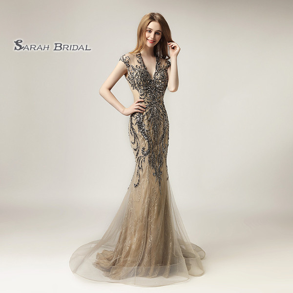 Sexy Mermaid Full Beads Sleeveless Sweep Train V-Neck Zipper Vestidos De Festa Evening Occasion Gowns LX430