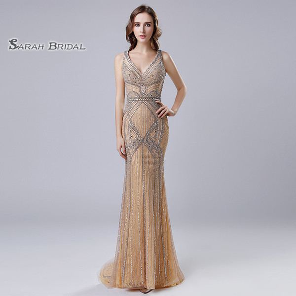 Long Champagne Tulle Backless V-Neck V-back Prom Dresses Sweep Beaded Evening Backless Party Gowns LX421