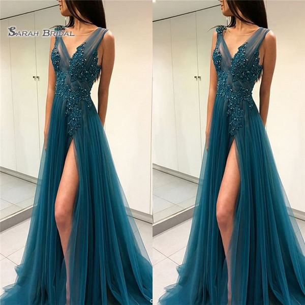 V-neck Tulle Front Split A-line Prom Dresses Sleeveless High End Quality Evening Party Dress Hot Sales