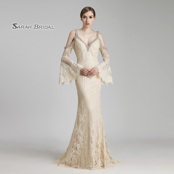 Mermaid Champagne Lace Backless Long Sleeves Prom Dresses Floor Length Beaded Sexy Evening Backless Party Gowns LX503