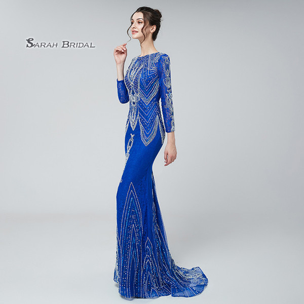 Luxury Crystal Mermaid Royal Blue Lace Long Sleeves Prom Party Dress Sexy Elegant Beading Vestidos De Festa Evening Occasion Gown LX485