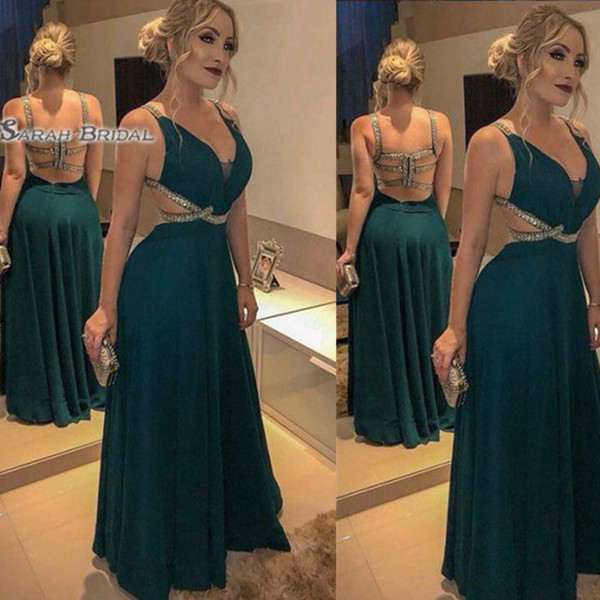 Backless Chiffion Beads Elegant Sexy V-neck Prom Dresses Sleeveless High End Quality Evening Party Dress Hot Sales