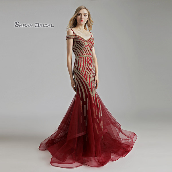 Long Luxury Mermaid Burgundy Tulle Backless Prom Dresses Floor Length Beaded Sexy Evening Backless Party Gowns LX494