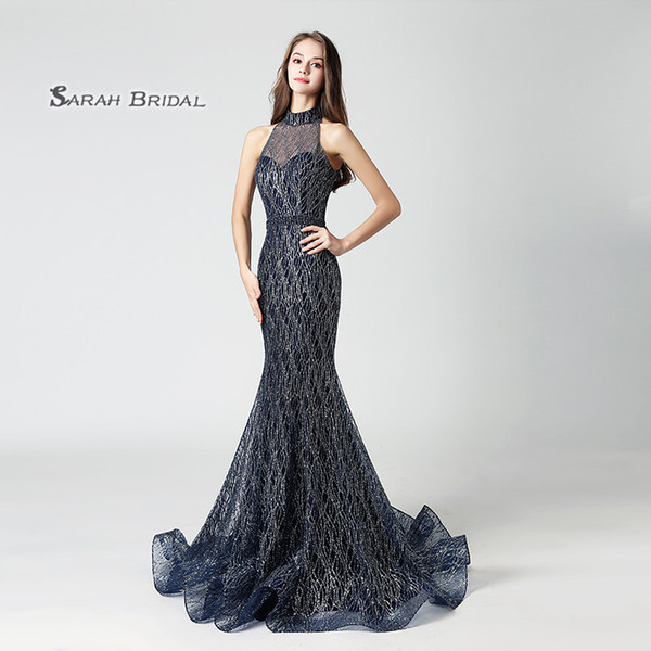 Navy Blue Sparkly Mermaid Tulle Prom Party Dress Sexy Elegant Beading Vestidos De Festa Evening Wear Formal Occasion Gown LX530