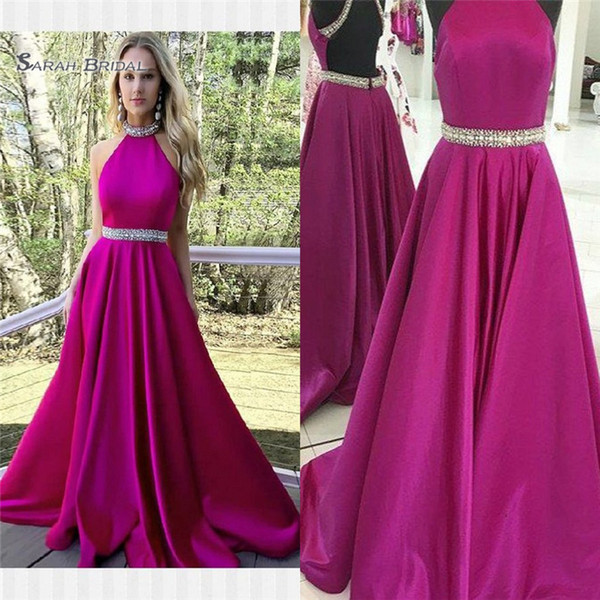 A Line Fuchsia Halter Beaded Backless Sleeveless Formal Sexy Evening Dresses Prom Dress Party Wear