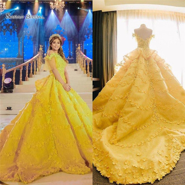 Long Princess Yellow Quinceanera Dresses With 3D Flower Appliques Backless Prom Party Gowns Court Train Evening Wear