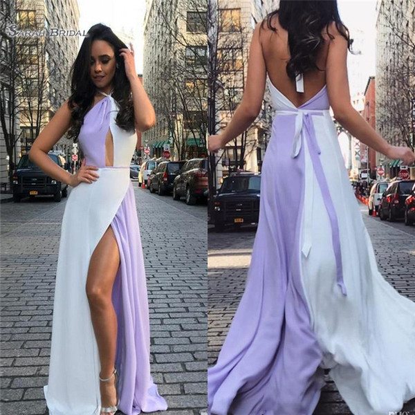 Fashion A Line Chiffon Beach Prom Dresses Front Split and Halter Backless Maxi Dress Floor Length Wome Gowns