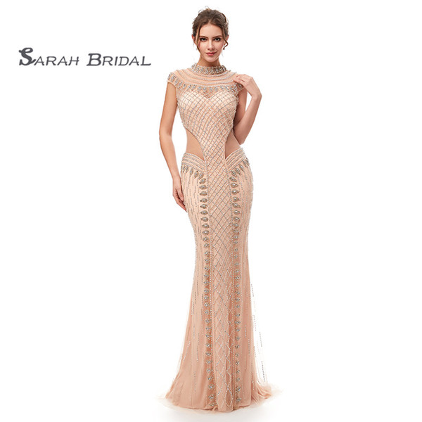 Luxury Mermaid Rhinestones Sexy Prom Party Dresses Dubai Show Hollow Backless Illusion Dress See Through Evening Gown