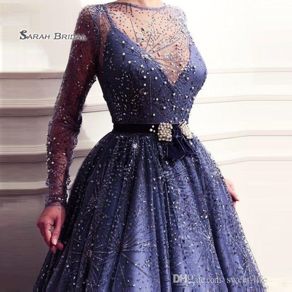 Jewel Neckline Pearls A-line Long Sleeves Prom Dresses High End Quality Party Dress In Hot Sales