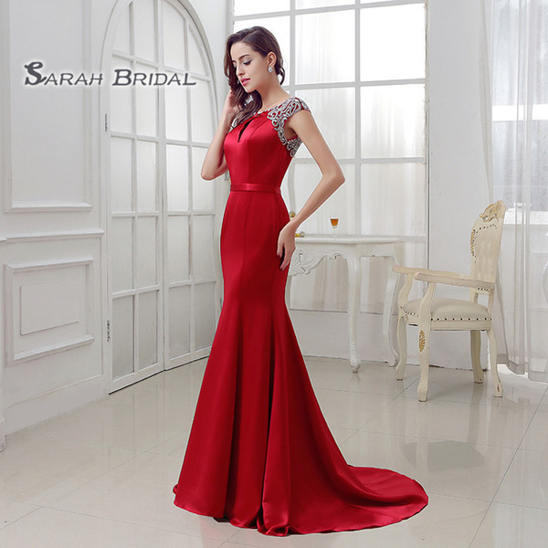 Luxury Mermaid Burgundy Prom Dresses Backless Satin Beading Formal Wear Sleeveless Evening Party Gowns LX286