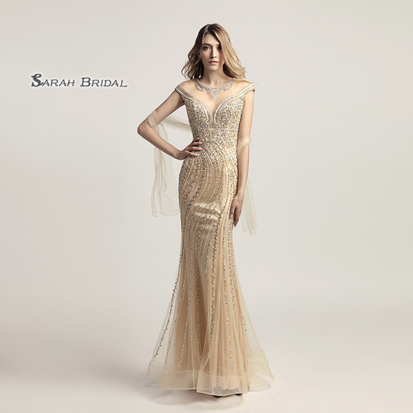 Luxury Crystal Mermaid Champagne Prom Party Dresses Sexy Elegant Backless Vestidos De Festa Evening Occasion Sleeveless Gown LX470