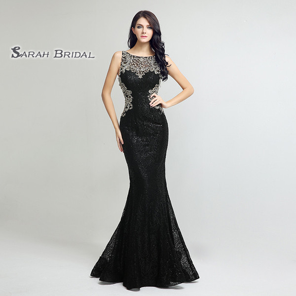 Honorable Black Mermaid Jewel Tulle Prom Dresses Floor Length Sexy Style Evening Party Gowns LX171