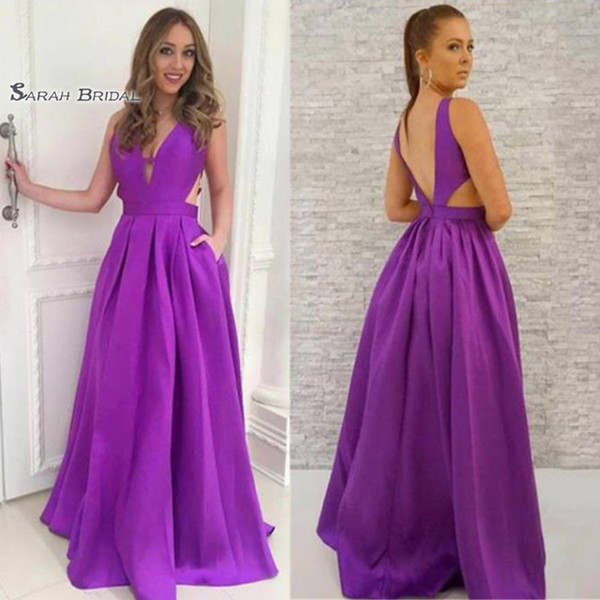 Pockets A-line Satin V-neck V-back Backless Prom Party Dresses Vestidos De Festa Sexy Party Dress Hot Sales