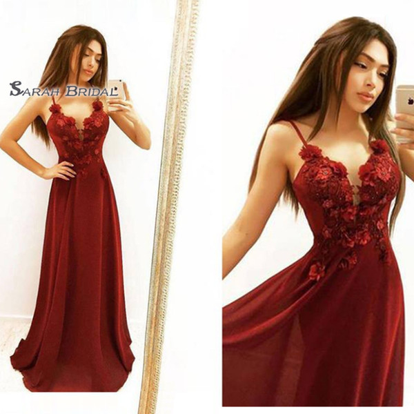 A-line Red V-neck Flowers Prom Homecoming Dresses Chiffon Vestidos De Festa Sexy Party Dress Hot Sales