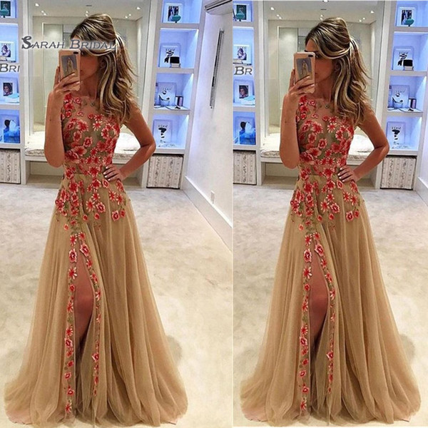 Delicate Jewel Appliques Sexy Split Sleeveless Prom Dresses High End Quality Party Dress In Hot Sales