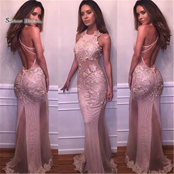 Mermaid Backless Appliques Halter Floor Length Tulle Sleeveless High End Quality Evening Party Dress Hot Sales