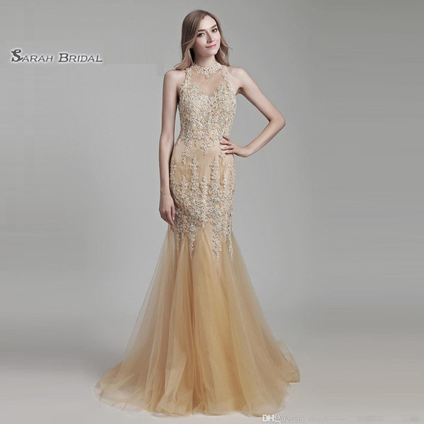 Mermaid Champagne Prom Dresses Beading Lace Sheer Back Tulle Formal Wear Sleeveless Evening Party Gowns LX153