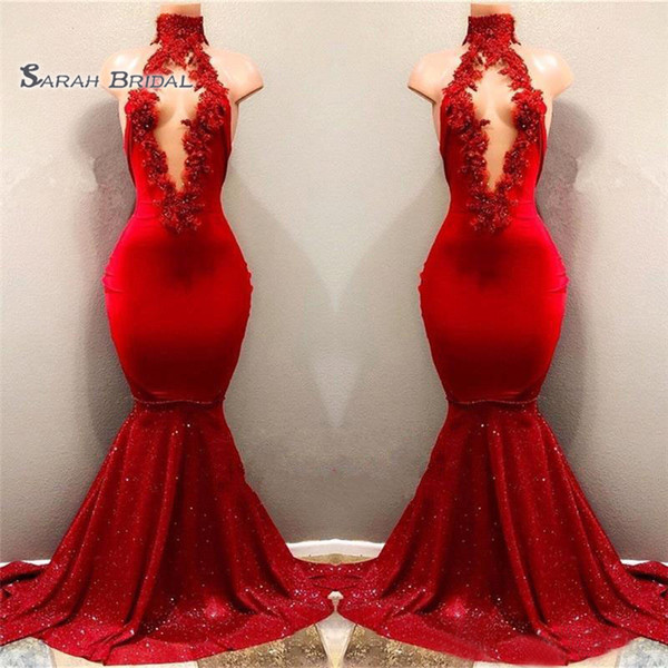 Classic Red High Neck Mermaid Prom Dresses Sequined and Appliques Backless Evening Gown Hot Sales