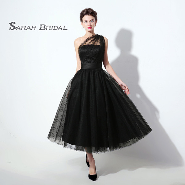 Sexy Black A-Line Tulle One Shoulder Prom Dress Tea Length Sleeveless Evening Party Gowns SD337