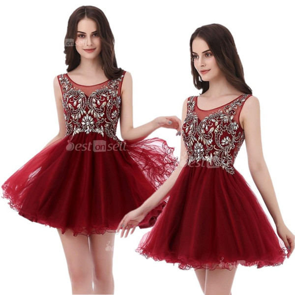 Burgundy Mini A Line Jewel Tulle Prom Dresses Beads Short Length Cocktail Party Homecoming Dress LX142