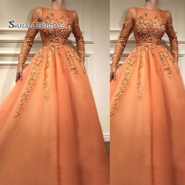 Prom Gowns Formal Celebrity Dress Hand Made Flowers Long Sleeves A Line Illusion Lace Evening Dresses