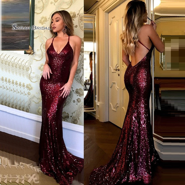 Burgundy Mermaid Sequined Prom Dresses Vestidos De Festa Evening Wear In Stock Hot Sales High-end Occasion Dress