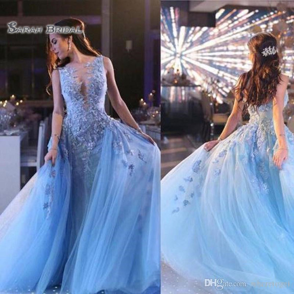 Sheath Sky Blue Detachable Train Formal Celebrity Evening Dresses Lace Sheer Neck Lace Applique Quinceanera Gown