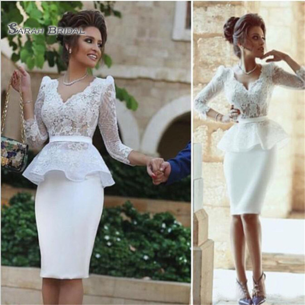 Peplum Sheath Long Sleeve V Neck Knee Length Cocktail Dresses Lace Short Party Dress Prom Formal Gowns Wedding Dresses