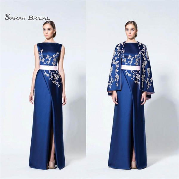 Arabic Evening Dresses High Split Satin Appliques Prom Dress Bateau Neck With Wraps Floor Length Formal Party Gowns