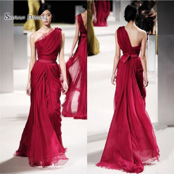 Long Red Evening Celebrity Dresses Lace Applique One Shoulder Chiffon Sash Runaway Dress Formal Gown