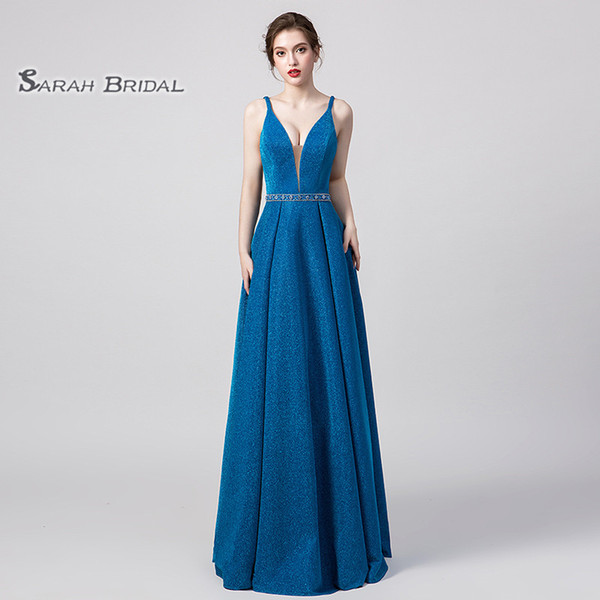 Vestidos De Festa A-line V-neck Beads Backless Prom Dress Sexy Evening Wear Formal Occasion Gown In Stock 5361