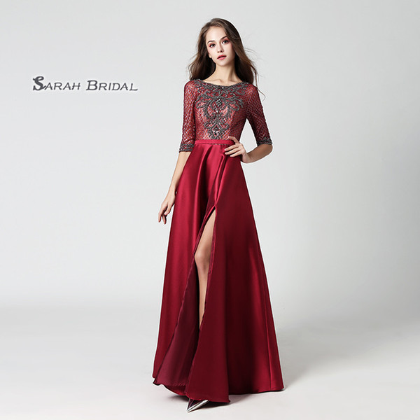 Luxury A-Line Burgundy Crystals Sequins Beads Satin Prom Dress Beading Sexy High Split Backless Evening Party Gowns LX448