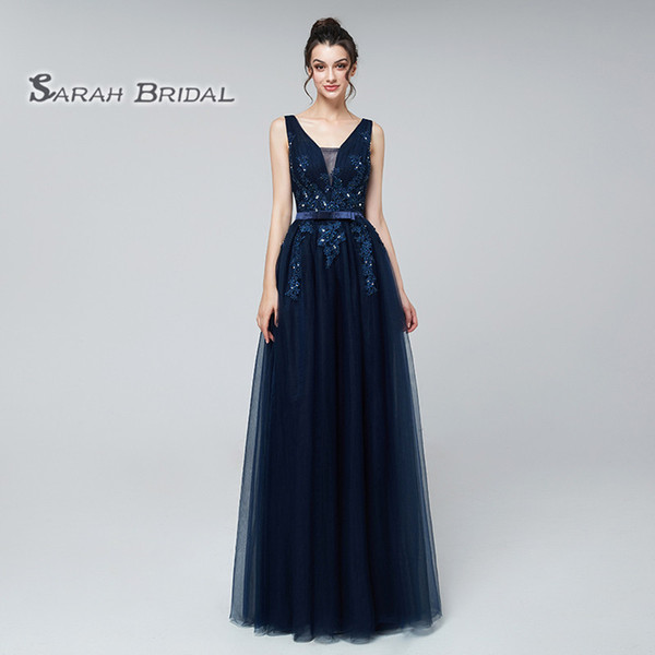 Champagne Tulle A-Line Prom Dresses Sexy V-neck Appliques Beads Formal Dress Evening Wear Special Occasion Gowns LX242