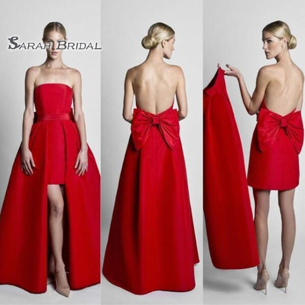 Hot Red Celebrity Dresses Evening Wear With Detachable Skirt Strapless With Bow Back Prom Dress Party Gowns