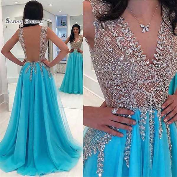 Deep V-neck Backless A-line Tulle Beads Sleeveless High End Quality Evening Party Dress Hot Sales