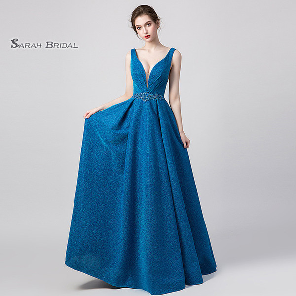 A-line V-neck Beads Backless Prom Dress Sexy Vestidos De Festa Evening Wear Formal Occasion Gown In Stock 5360