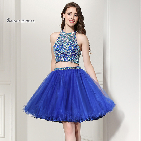 Special Sexy Beads Tulle A-line Halter Two-piece Backless Prom Dresses Short Length Cocktail Party Dress LX206