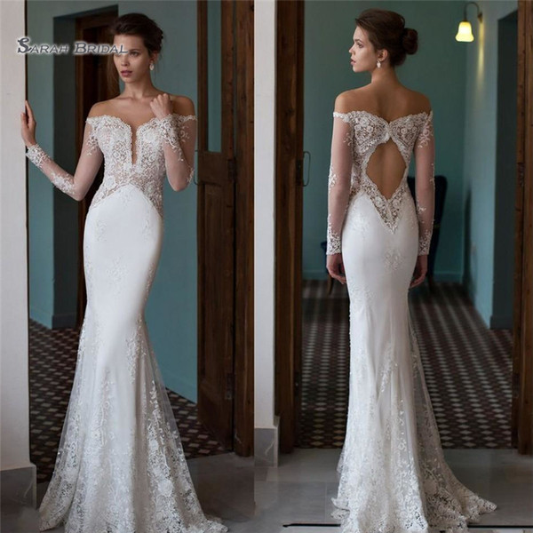 Mermaid Off Shoulder Wedding Dresses Deep V Neck Long Sleeves Lace Open Back Bridal Gowns