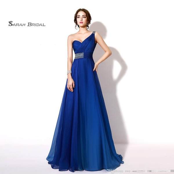 Royal Blue A-Line Chiffon Crystals One Shoulder Prom Dress Floor Length Sleeveless Evening Party Gowns TZ008