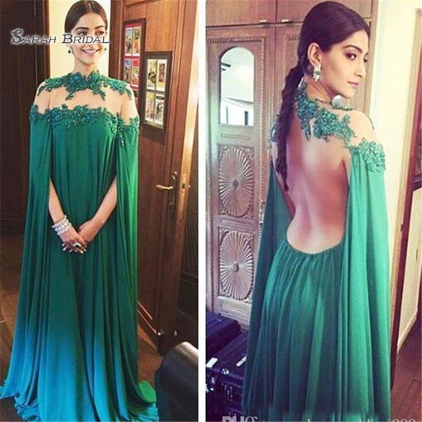 Green A-line Applique Evening Dresses High Neck With Backless Formal Prom Gowns Sheer Celebrity Party Wear