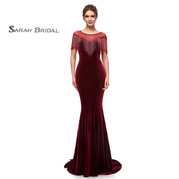 Burgundy Velvet Sexy Mermaid Prom Dresses Jewel Neckline With Beads Formal Evening Party Gowns 5400