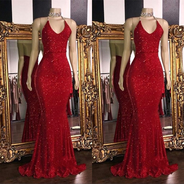 Red Sparkling Sequins Mermaid Long Prom Dresses Halter Beaded Backless Sweep Train Formal Party Evening Gowns