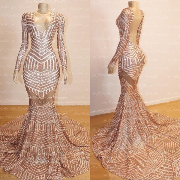 Sexy Prom Dress Mermaid Gold Sequin V-neck Long Sleeve Elegant Formal Evening Party Wear Gowns New Arrival