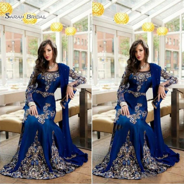 Royal Blue Luxury Crystal Muslim Arabic Evening Dresses With Applique Lace Long Formal Prom Party Gowns