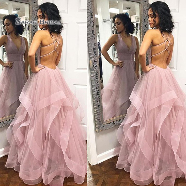 V-neck Pink Backless Ruffled Prom Party Dresses Evening Wear In Stock Hot Sales High-end Occasion Dress