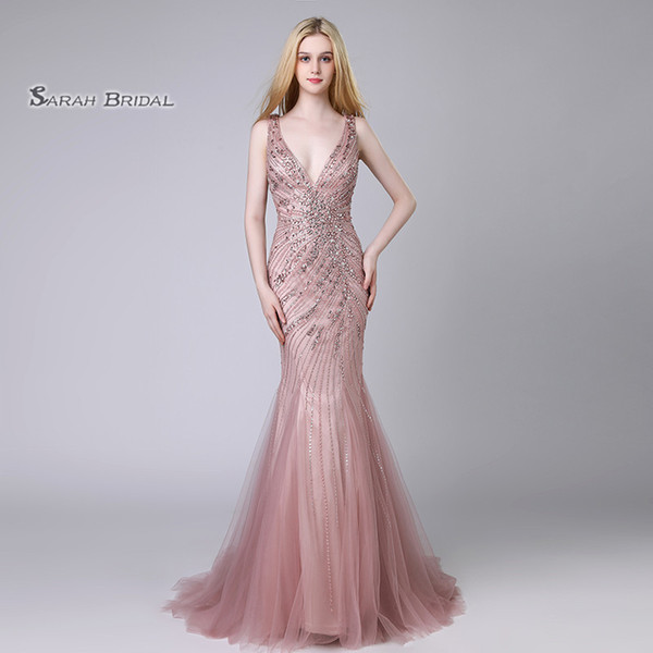 Luxury Long Pink Mermaid Mauve Prom Dresses Beading Backless Tulle Formal Wear Sleeveless Evening Party Gowns LX424