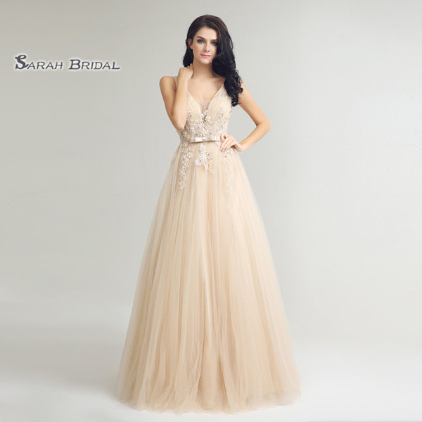 Hot Sales Tulle A-Line Prom Dresses Sexy V-neck With Ribbon Appliques Beads Evening Occasion Gowns LX242